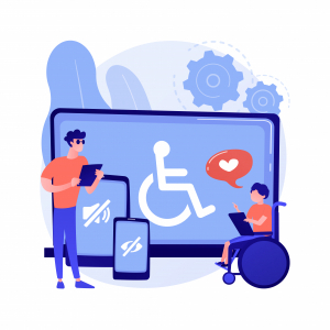 Illustration d'accessibilité électronique. Accessibilité aux sites web, appareil électronique pour personnes en situation de handicap
